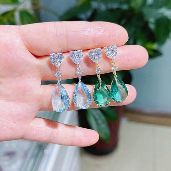 Sea Blue Color Crystal Party Jewelry Waterdrop CZ Earring for Women, HA4530 - Picture 2 of 4